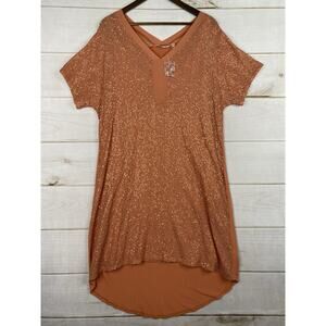 Soft Surroundings Dress Sz M Orange All Over Sequins V Neck Short Slv Stretch